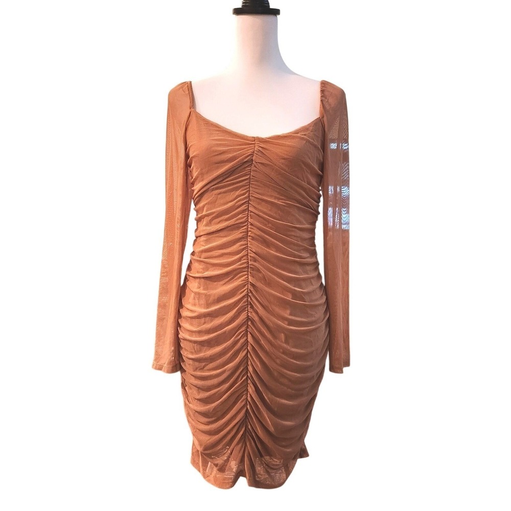 FRENCH CONNECTION Toni Ruched Mesh Long Sleeve Bodycon‎ Mini Dress Blush Size M
